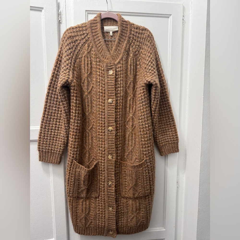 THE GREAT The Long Cable Cardigan in Caramel